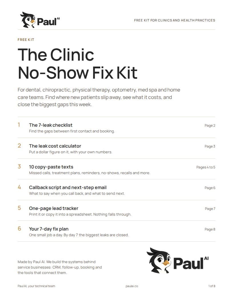 Cover of the Clinic No-Show Fix Kit by Paul AI