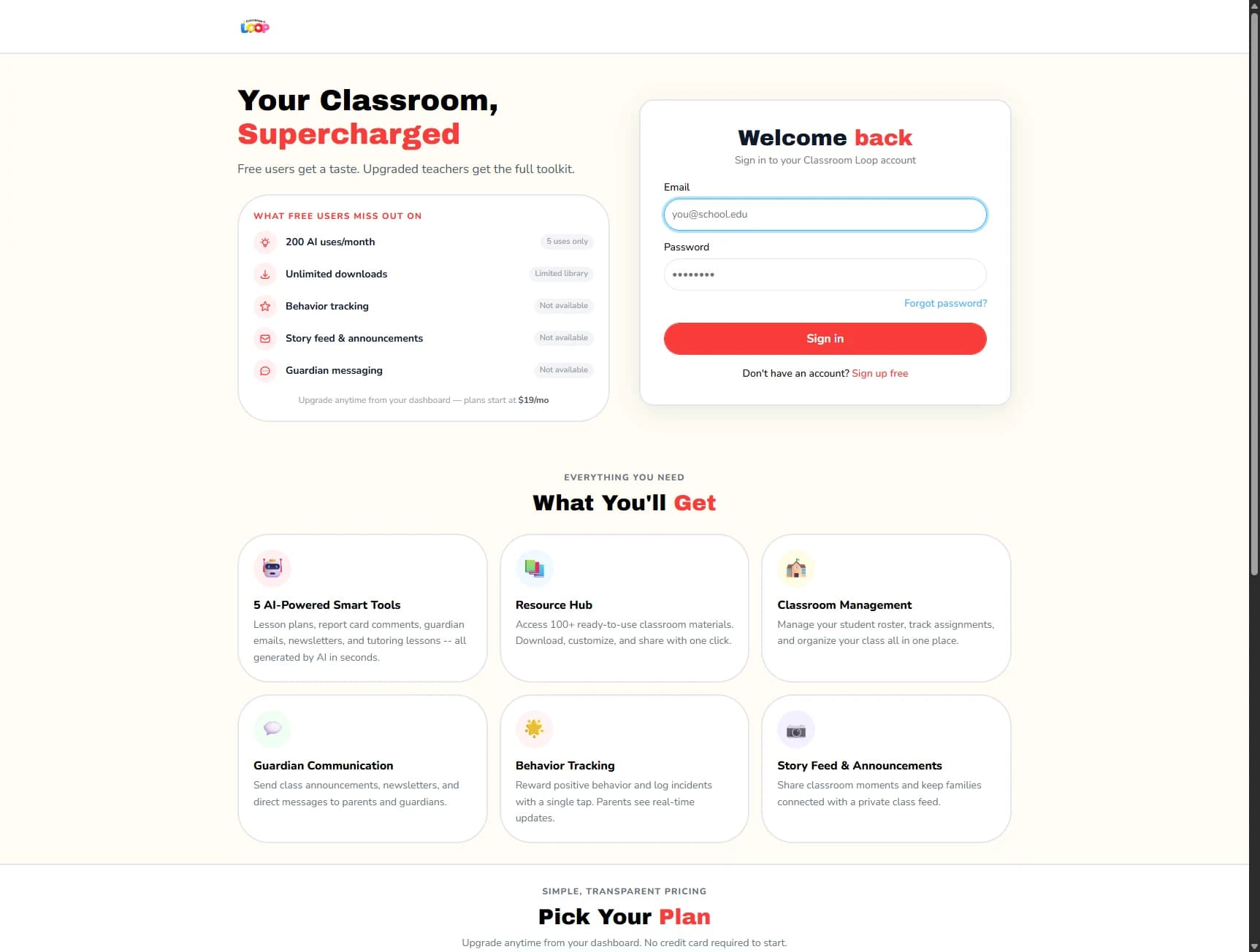 Classroom Loop public sign-in and feature screen, captured September 2026