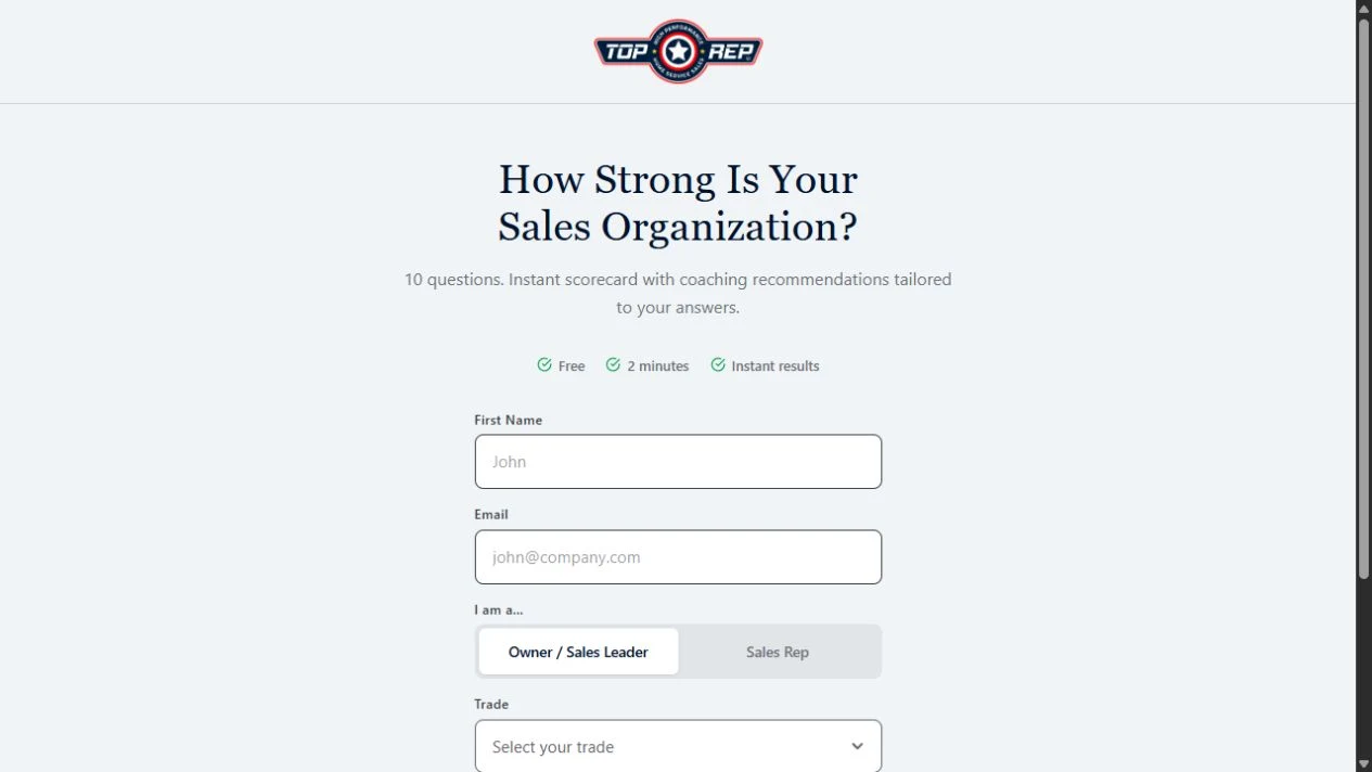 Top Rep public sales assessment entry page with empty fields